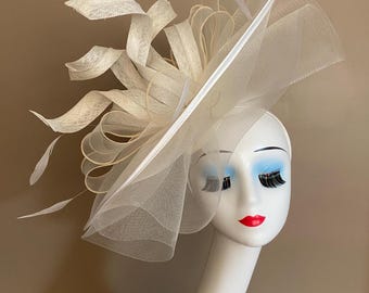 Ivory White Derby Fascinator Hat(m8): Horsehair Braid/Feather Ascot Headband