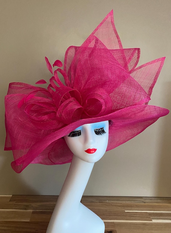 Fuchsia Sinamay Derby Hat(m1): Wide Brim With Large Bow 
