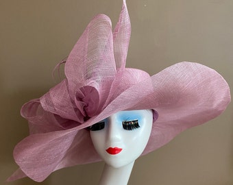 Purple Pink Wide Brim Carriage Church Kentucky Derby Hat with Super Large Ivory/White Sinamay Bow. Mother's Day Easter Race Wedding Tea Hat