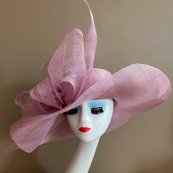 Purple Pink Wide Brim Carriage Church Kentucky Derby Hat with Super Large Ivory/White Sinamay Bow. Mother's Day Easter Race Wedding Tea Hat