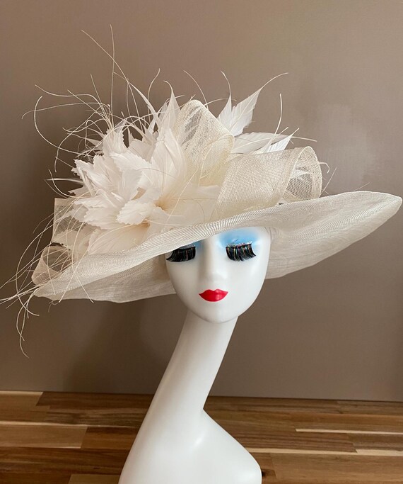 Ivory White Wide Brim Sinamay Derby Hat(g10): Feather Flower 