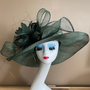 Emerald/Dark Green Wide Brim Church Carriage Kentucky Derby Hat with Green Sinamay Bow and Feather Flower. Easter Race Wedding Tea Ascot Hat image 1