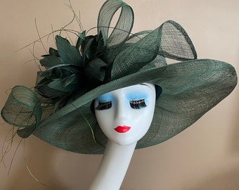 Emerald/Dark Green Wide Brim Church Carriage Kentucky Derby Hat with Green Sinamay Bow and Feather Flower. Easter Race Wedding Tea Ascot Hat