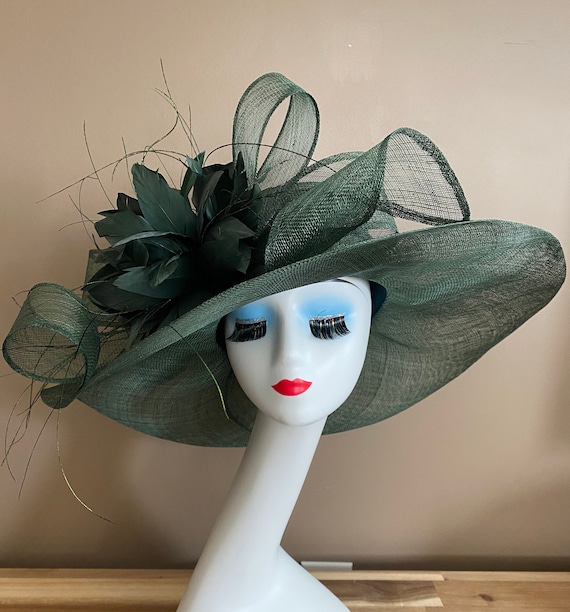 Emerald Green Sinamay Derby Hat(g7): Wide Brim Feather  display picture 1