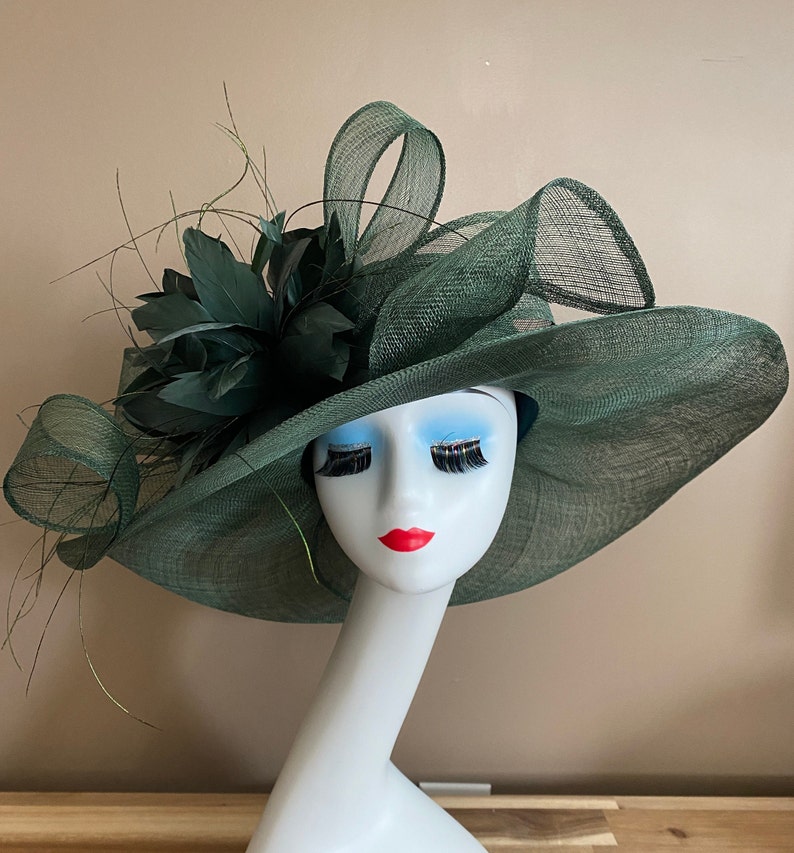 Emerald/Dark Green Wide Brim Church Carriage Kentucky Derby Hat with Green Sinamay Bow and Feather Flower. Easter Race Wedding Tea Ascot Hat image 1
