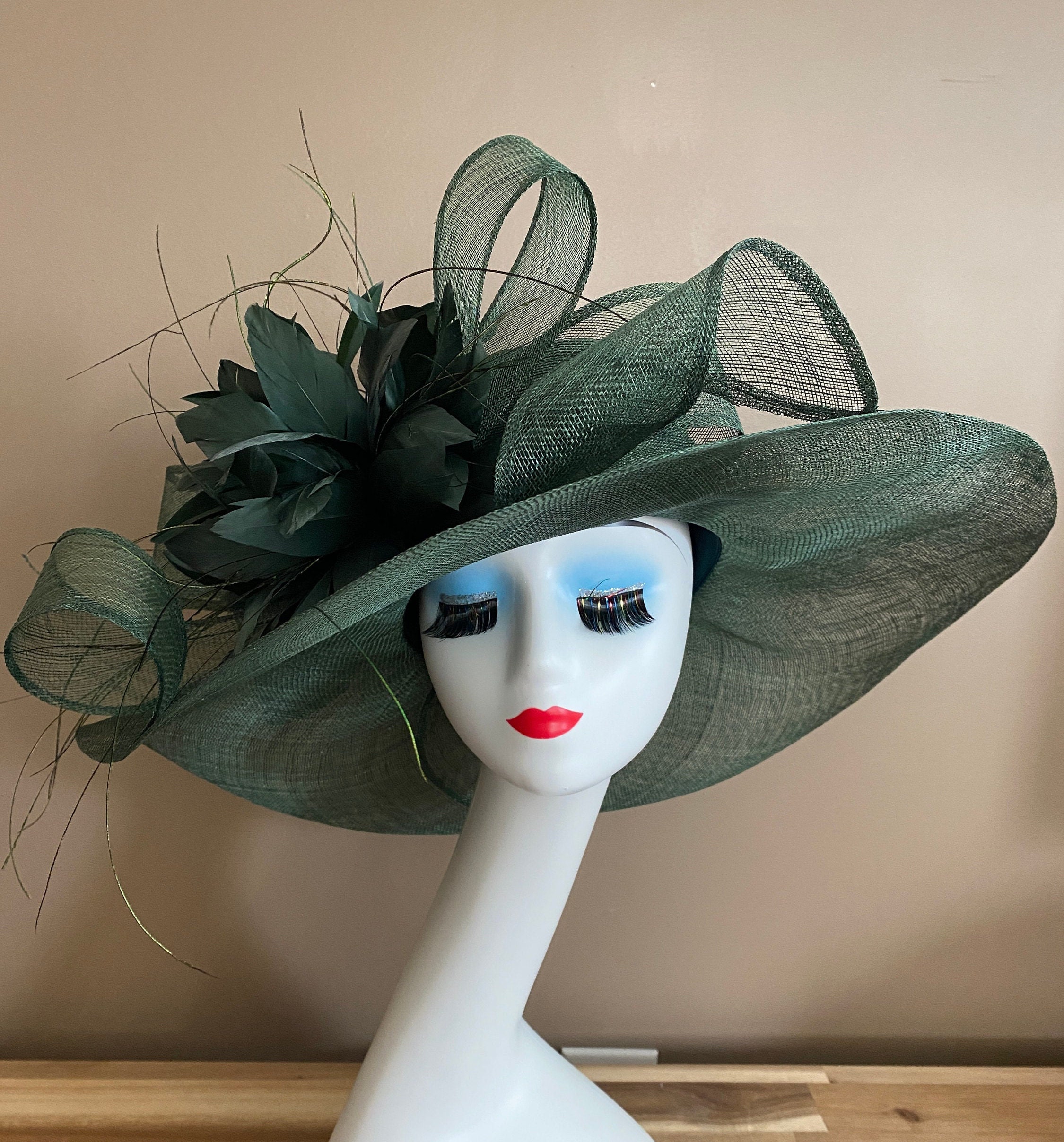 Emerald Green Sinamay Derby Hat(g7): Wide Brim Feather 