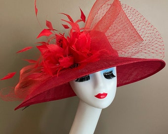 Red/Poppy Church Carriage Kentucky Derby Sinamay Formal Hat W Red Netting Bow & Feather Flower. Mother Day Easter Ascot Wedding Tea Race Hat