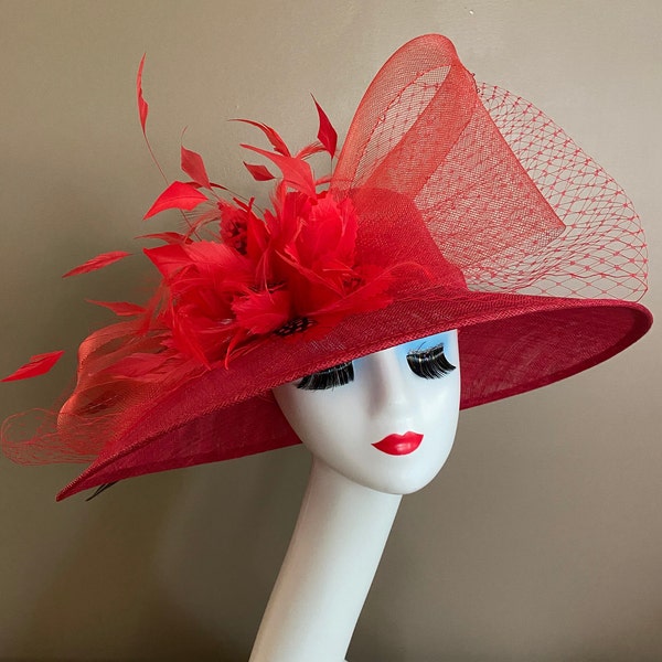 Red/Poppy Church Carriage Kentucky Derby Sinamay Formal Hat W Red Netting Bow & Feather Flower. Mother Day Easter Ascot Wedding Tea Race Hat