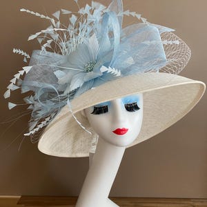Ivory Kentucky Derby Hat(g2): Wide Brim Sinamay, Pale Blue  display picture 2
