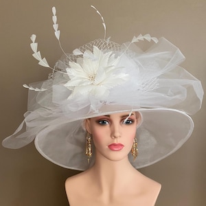 White Organza Kentucky Derby Hat: Feather Flower & Large Bow