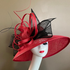Red & Black Sinamay Kentucky Derby Hat: Wide Brim Ascot Tea Hat