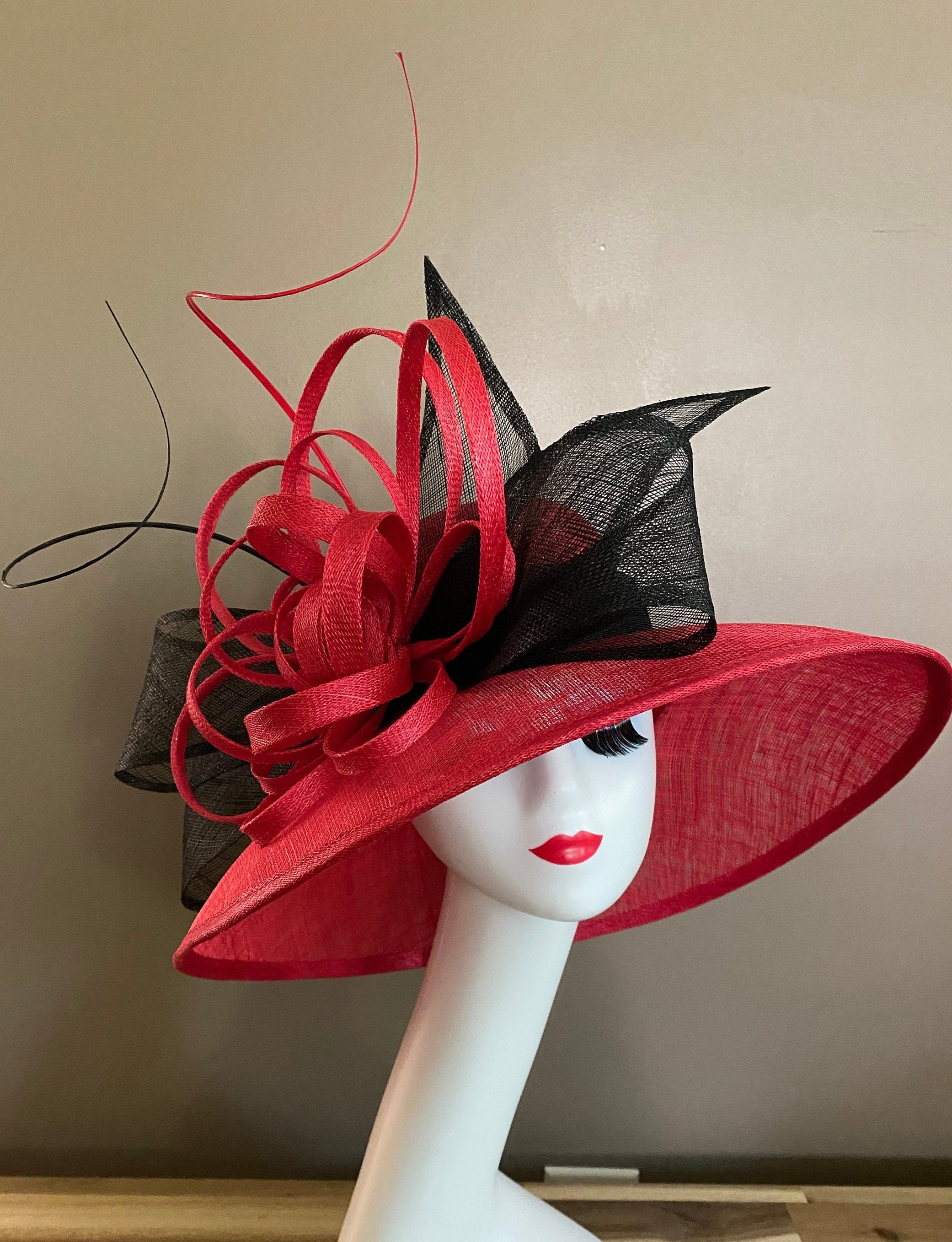 Red black Wide Brim Church Carriage Kentucky Derby Hat W Black Sinamay Bow Poppy Sinamay Flower. Mother Day Wedding Easter Ascot Tea Hat Etsy UK