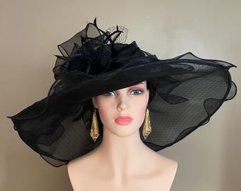 Black Organza Derby Hat: Feathered Ascot Tea Party Horse Race Oaks Day Hat