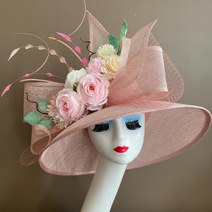 Blush Pink Sinamay Derby Hat: Wide Brim, Silk Flower Bow