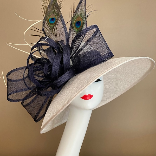 White Ivory/Navy Blue Kentucky Derby Hat. Church Hat. Easter Hat. Wedding Hat. Race Day Hat. Mother Day Hat. Ascot Hat