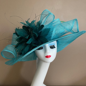 Ready to Ship: Teal Wide Brim Church Carriage Kentucky Derby Hat W Sinamay Bow & Dark Teal/Green Feather Flowers. Race Wedding Tea Ascot Hat