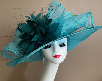 Teal Sinamay Kentucky Derby Hat: Feather Flower Ascot Race Hat (M8)