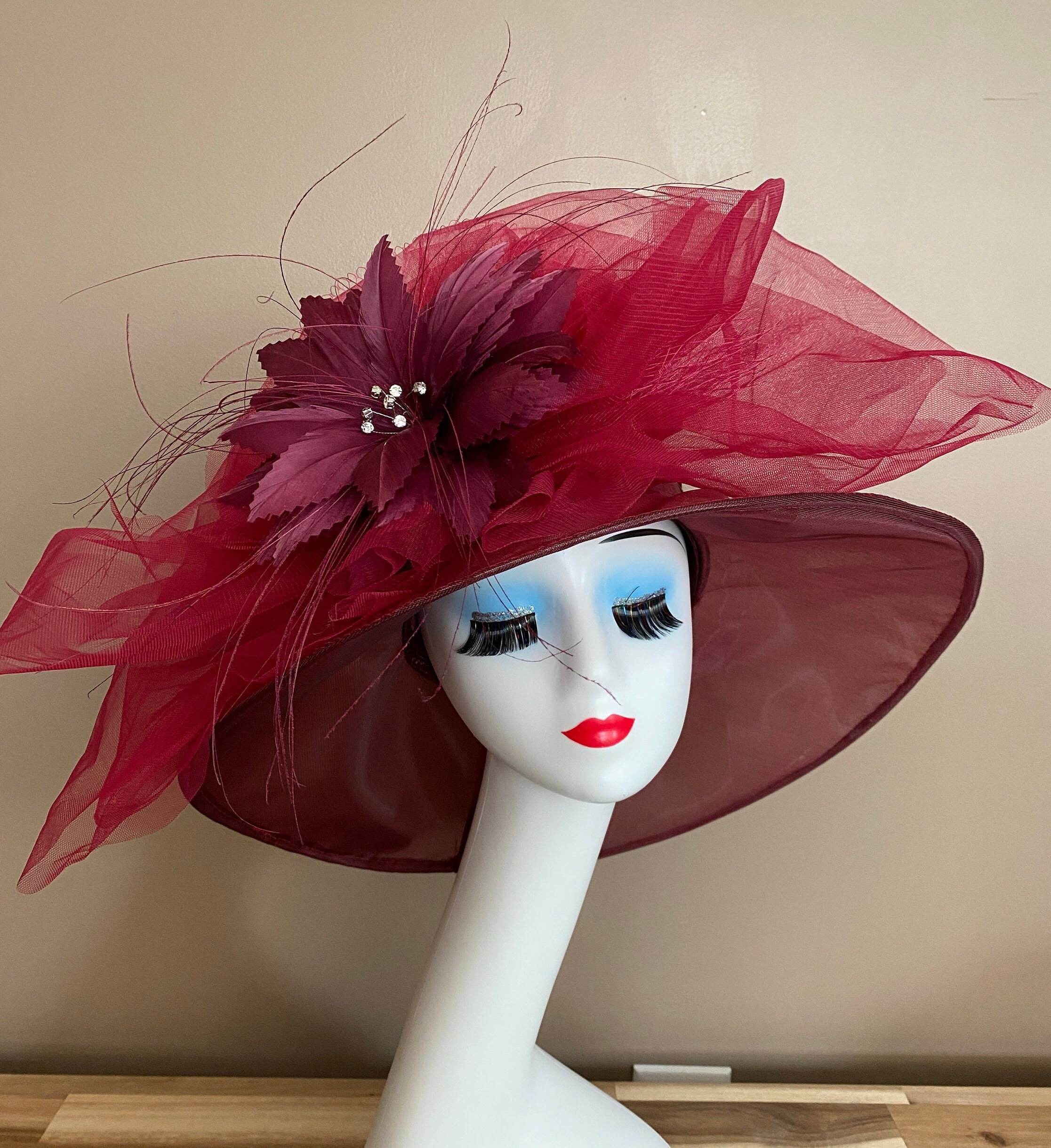 HOT Kentucky Hat Organza For Tea Party 02e- Burgundy and Black Burgundyand Red Organza Hat /kentucky Derby Hat /easter Hat  main image 2