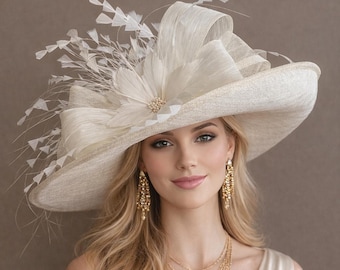 Ivory White Wide Brim Sinamay Hat: Silk Abaca Bow, Feather Flowers, Kentucky Derby Style