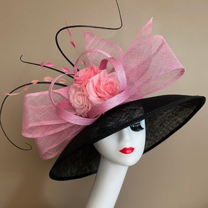 Black Sinamay Derby Hat: Pink Silk Roses, Wide Brim Occasion Hat