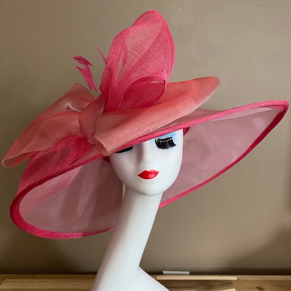 Coral Red Carriage Church Kentucky Derby Hat with Large Bow, Mother's Day Hat, Easter Race Tea Wedding Sinamay Organza Dress Hat