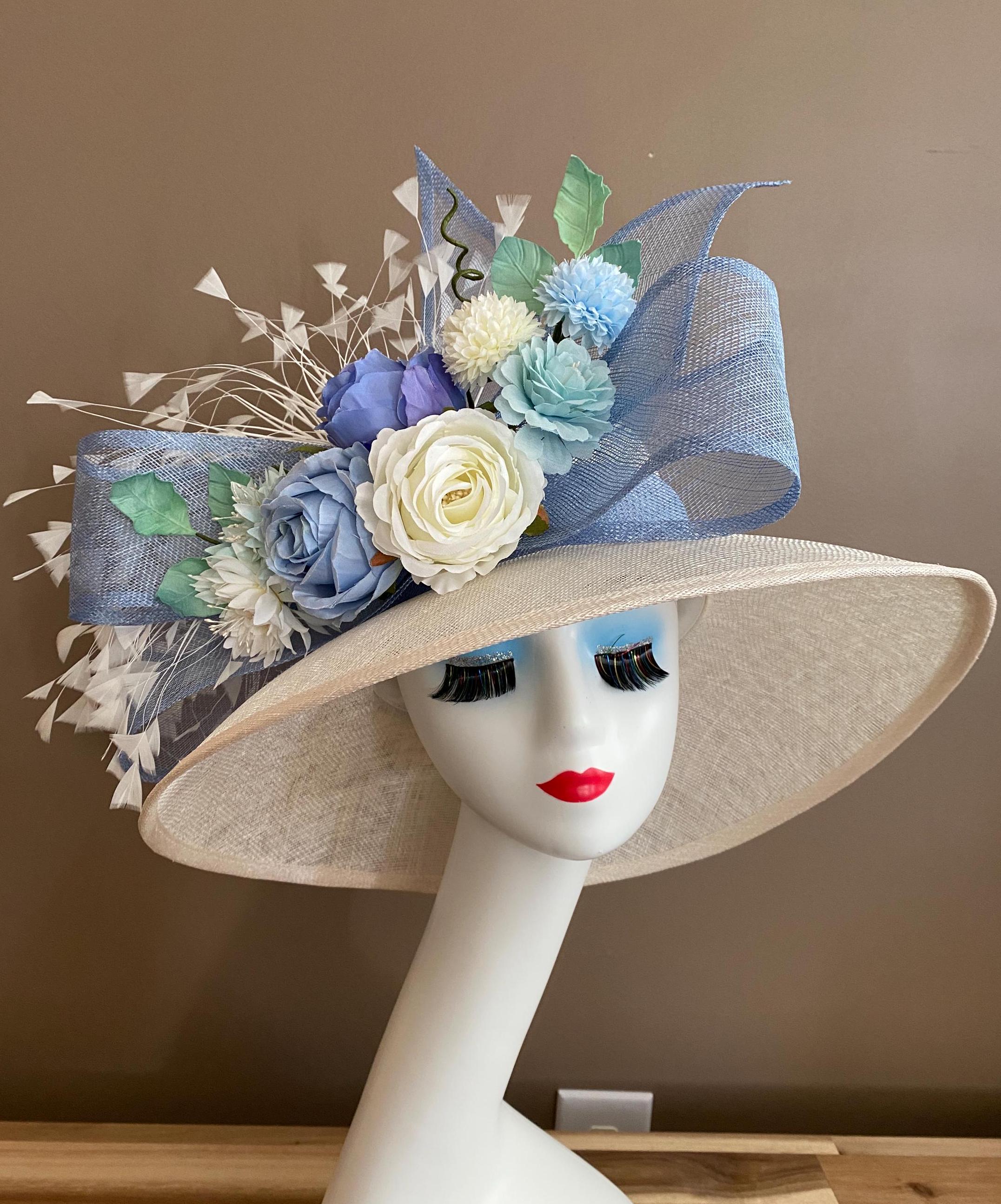 Wide Brim Sinamay Derby Hat: Ivory, Blue Silk Flowers - Etsy display picture 1