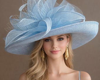Powder Blue Wide Brim Kentucky Derby Hat(G7): Netting Bow and Sinamay Flower