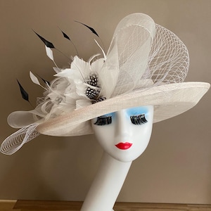 Ivory Sinamay Kentucky Derby Hat: Feather Flowers & Netting Bow