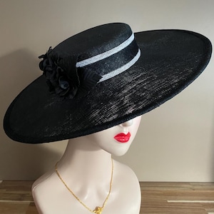 Black Sinamay Fascinator: Kentucky Derby Ascot Hat with Leather Flowers