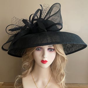 Black Sinamay Kentucky Derby Hat: Audrey Hepburn Style Bow & Feathers