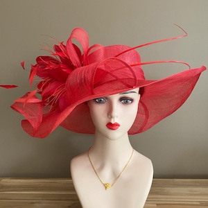 Red Sinamay Kentucky Derby Hat: Wide Brim Ascot Race Day Hat