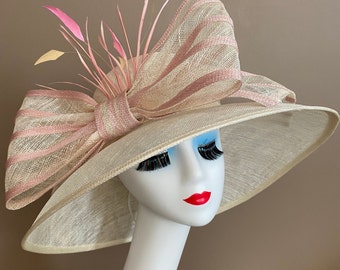 Cream Wide Brim Carriage Kentucky Derby Hat W Cream/Pale Pink Sinamay Bow & Feather. Easter Wedding Tea Race Mother Day Hat