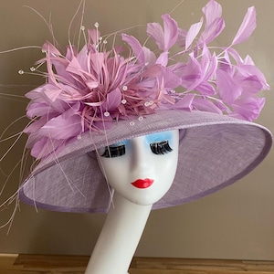 Lavender Sinamay Kentucky Derby Hat: Feather Flower Wedding Race Hat