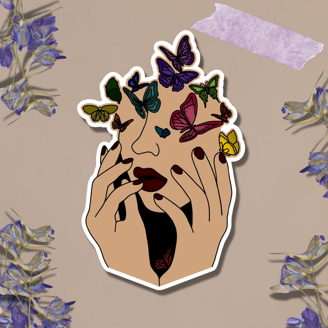Line Sticker Female Women Face Sticker, Line Art Sticker, Butterfly Lady Sticker, Female ...