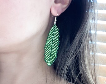 Beaded feather earrings, Grass green, Seed bead fringe earrings, Feather drop dangle earrings, Beaded fringe earrings,  Long beaded earrings