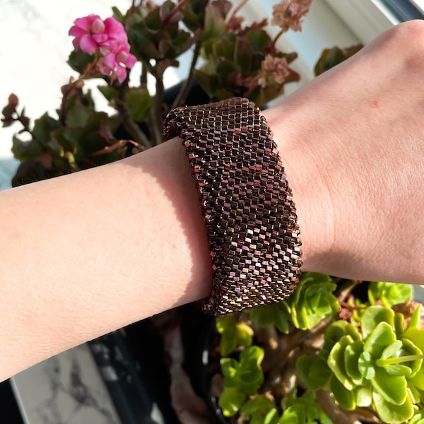 Bronze bead crochet bracelet, Handmade bead bracelet, Wide flat bracelet, Beaded bracelet, Toho Hex bracelet, Hexagon beads, beaded jewelry