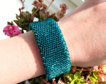 Beaded cuff bracelet, Handmade bead bracelet, Wide flat bracelet, Bead crochet bracelet, Turquoise beaded jewelry,  Hexagon beads bracelet