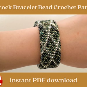 May include: A green, silver and black beaded bracelet on a person's wrist. The bracelet is made with a chevron pattern. The image includes the text "instant PDF download".