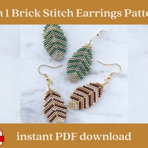 May include: Two pairs of beaded earrings in a leaf shape. One pair is green and gold, the other is brown and gold. The earrings are on a white marble surface. The text "2 in 1 Brick Stitch Earrings Pattern" is at the top of the image. The text "instant PDF download" is at the bottom of the image.