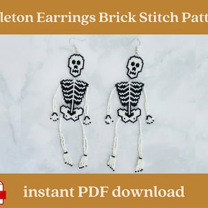 May include: A pair of skeleton earrings made with white and black beads in a brick stitch pattern. The earrings are hanging from silver ear wires. The image includes the text "instant PDF download".