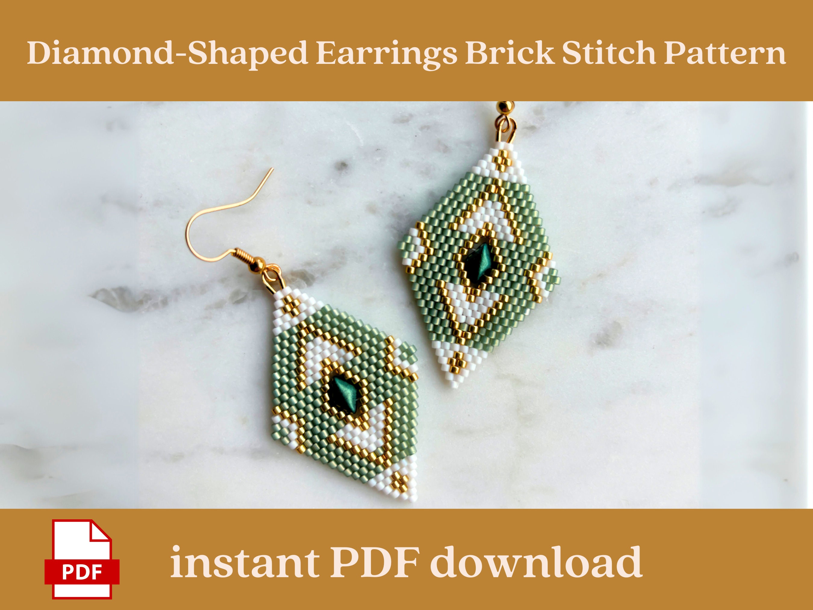 Diamond Shaped Brick Stitch Earrings Pattern, Rhombus Green White Gold ...