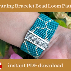 May include: A turquoise and white beaded bracelet with a silver clasp. The bracelet is on a person's wrist. The image includes the text "Lightning Bracelet Bead Loom Pattern" and "instant PDF download".