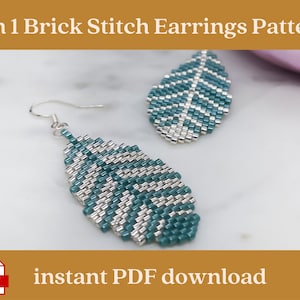 May include: Two teal and silver beaded earrings in the shape of a leaf. The earrings are hanging from silver hooks. The image includes the text "2 in 1 Brick Stitch Earrings Pattern" and "instant PDF download".