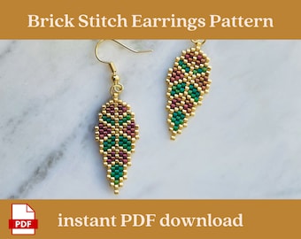 Brick stitch earrings pattern, Beading earrings pattern, beaded earrings pattern, Digital download pattern, Miyuki Delica, Leaf shaped