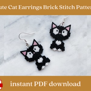 Cute cat brick stitch earrings pattern, Tuxedo cat beading pattern, Beaded earrings PDF pattern, Miyuki Delica digital download pattern