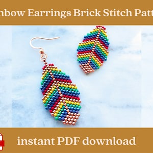 May include: Rainbow beaded earrings in the shape of a leaf, made with brick stitch. The earrings are made with a variety of colors, including red, orange, yellow, green, blue, and purple. The earrings are hanging from gold hooks. The image includes the text "instant PDF download".