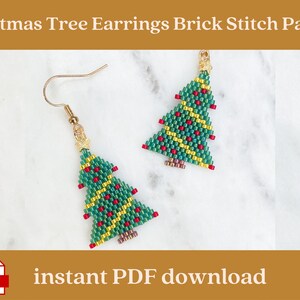 May include: A pair of green, red, and yellow beaded Christmas tree earrings with gold earring hooks. The earrings are on a white marble surface. The text "instant PDF download" is at the bottom of the image.
