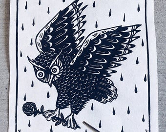 Night Owl Lino Print on Mulberry Paper - Limited Edition