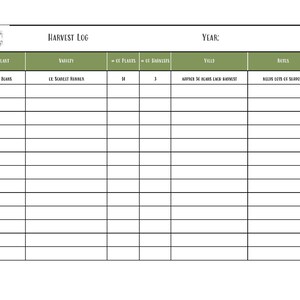 May include: A printable harvest log with columns for plant, variety, number of plants, number of harvests, yield, and notes. The first row is filled out with the example "Green Beans" and "Ex Scarlet Runner".