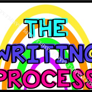 May include: A colorful rainbow graphic with the text "THE WRITING PROCESS" in bold, black outlined letters. The text is in a rainbow of colors, with "THE" in turquoise, "WRITING" in purple, and "PROCESS" in pink.